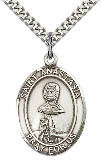 STERLING SILVER ST ANASTASIA PENDANT WITH CHAIN - 1" x 3/4"