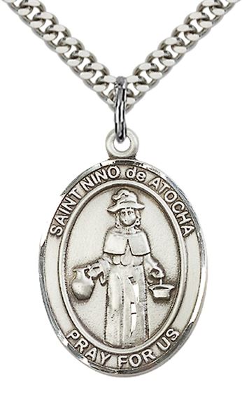 STERLING SILVER ST NINO DE ATOCHA PENDANT WITH CHAIN - 1" x 3/4"