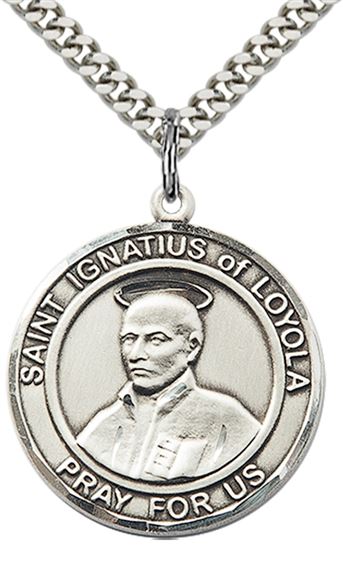 STERLING SILVER ST IGNATIUS OF LOYOLA PENDANT WITH CHAIN - 1" x 7/8"