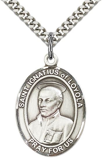 STERLING SILVER ST IGNATIUS OF LOYOLA PENDANT WITH CHAIN - 1" x 3/4"