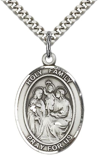 STERLING SILVER HOLY FAMILY PENDANT WITH CHAIN - 1" x 3/4"