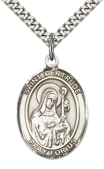 STERLING SILVER ST GERTRUDE OF NIVELLES PENDANT WITH CHAIN - 1" x 3/4"