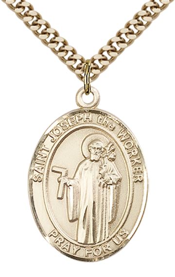 14KT GOLD FILLED ST JOSEPH THE WORKER PENDANT WITH CHAIN - 1" x 3/4"