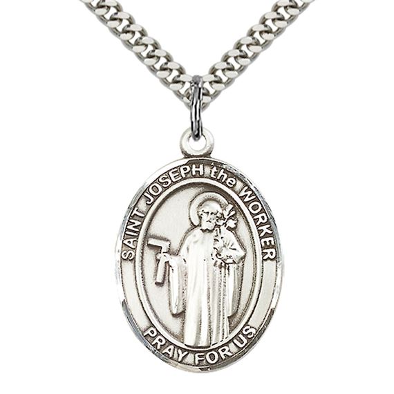 STERLING SILVER ST JOSEPH THE WORKER PENDANT WITH CHAIN - 1" x 3/4"