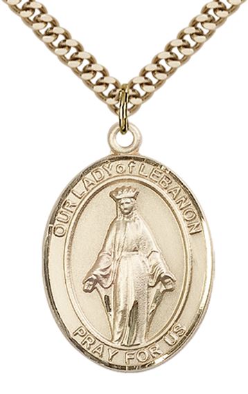 14KT GOLD FILLED OUR LADY OF LEBANON PENDANT WITH CHAIN - 1" x 3/4"