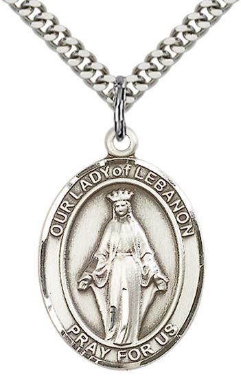 STERLING SILVER OUR LADY OF LEBANON PENDANT WITH CHAIN - 1" x 3/4"