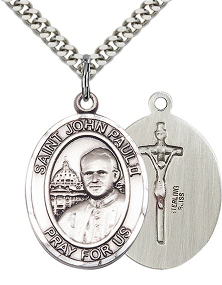 STERLING SILVER ST JOHN PAUL II PENDANT WITH CHAIN - 1" x 3/4"