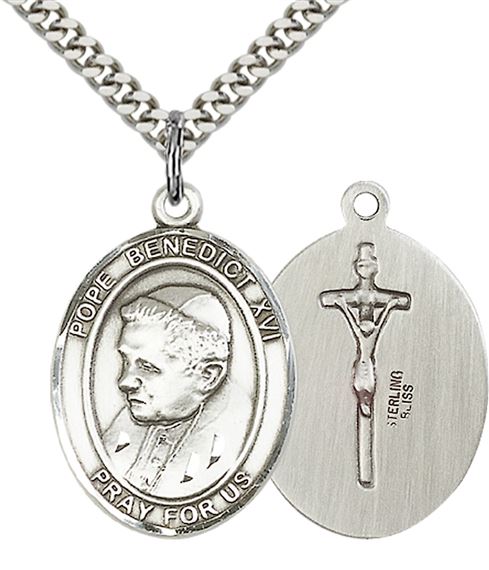 STERLING SILVER POPE BENEDICT XVI PENDANT WITH CHAIN - 1" x 3/4"