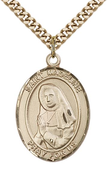 14KT GOLD FILLED ST MADELINE SOPHIE BARAT PENDANT WITH CHAIN - 1" x 3/4"