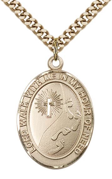 14KT GOLD FILLED FOOTPRINTS CROSS PENDANT WITH CHAIN - 1" x 3/4"