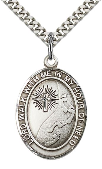 STERLING SILVER FOOTPRINTS CROSS PENDANT WITH CHAIN - 1" x 3/4"