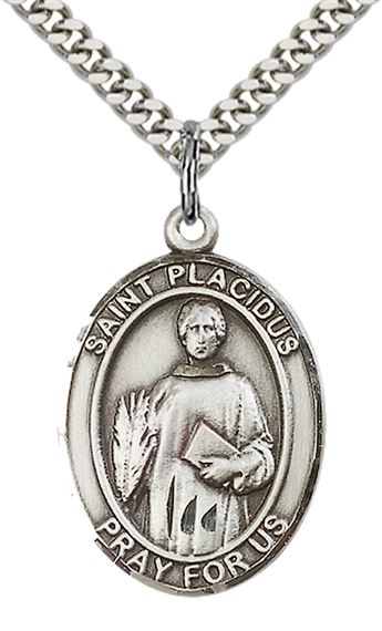 STERLING SILVER ST PLACIDUS PENDANT WITH CHAIN - 1" x 3/4"