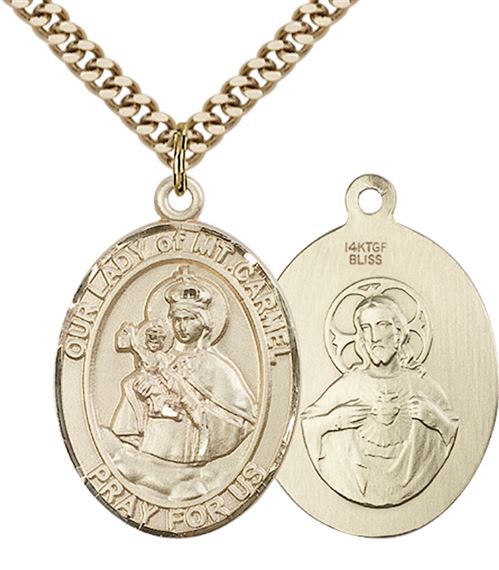 14KT GOLD FILLED OUR LADY OF MOUNT CARMEL PENDANT WITH CHAIN - 1" x 3/4"