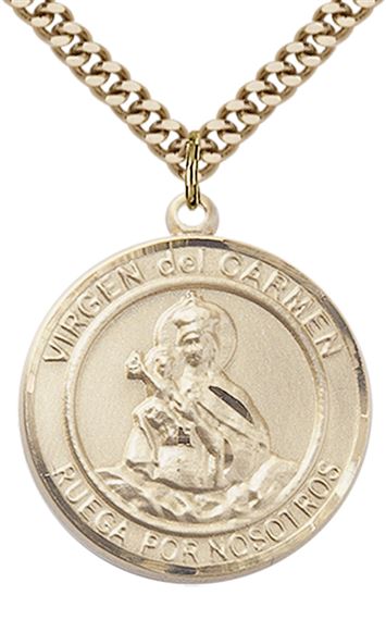 GOLD FILLED VIRGEN DEL CARMEN PENDANT ON A CHAIN - 1" x 7/8"