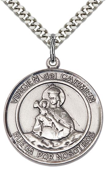 STERLING SILVER VIRGEN DEL CARMEN PENDANT WITH CHAIN - 1" x 7/8"
