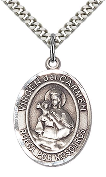STERLING SILVER VIRGEN DEL CARMEN PENDANT WITH CHAIN - 1" x 3/4"