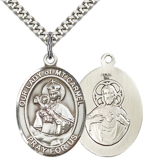 STERLING SILVER OUR LADY OF MOUNT CARMEL PENDANT WITH CHAIN - 1" x 3/4"
