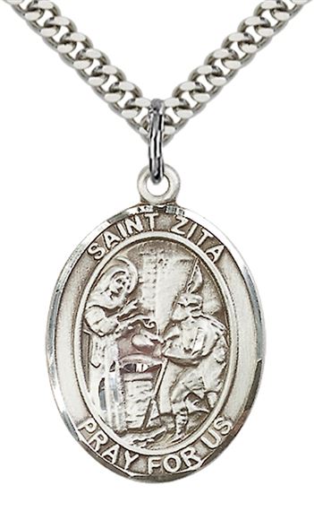 STERLING SILVER ST ZITA PENDANT WITH CHAIN - 1" x 3/4"