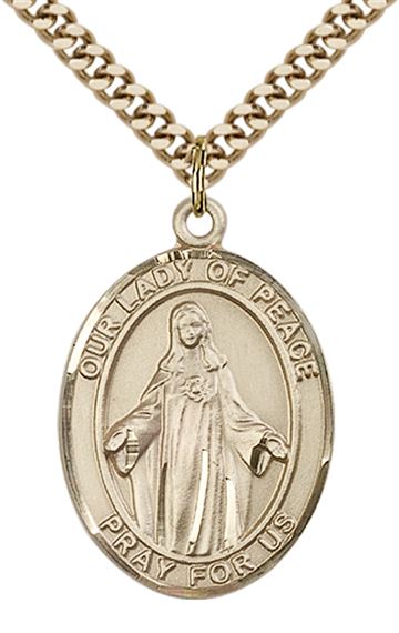 14KT GOLD FILLED OUR LADY OF PEACE PENDANT WITH CHAIN - 1" x 3/4"