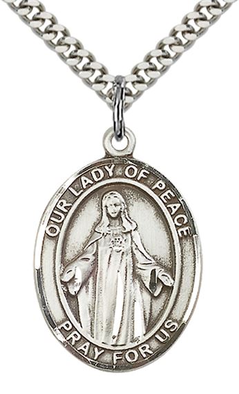 STERLING SILVER OUR LADY OF PEACE PENDANT WITH CHAIN - 1" x 3/4"