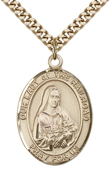 14KT GOLD FILLED OUR LADY OF THE RAILROAD PENDANT WITH CHAIN - 1" x 3/4"