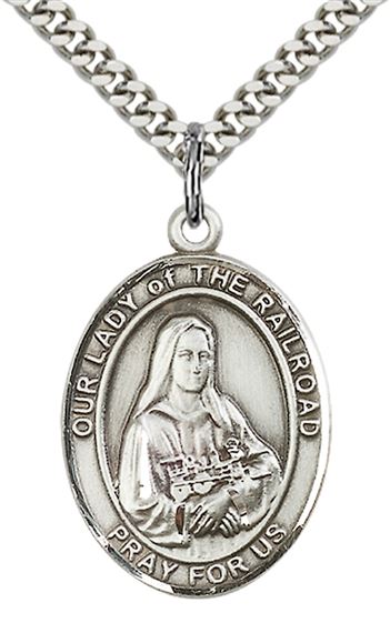 STERLING SILVER OUR LADY OF THE RAILROAD PENDANT WITH CHAIN - 1" x 3/4"