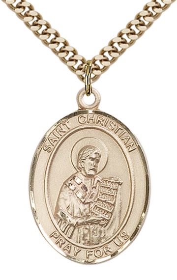 14KT GOLD FILLED ST CHRISTIAN DEMOSTHENES PENDANT WITH CHAIN - 1" x 3/4"