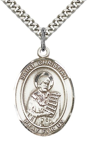 STERLING SILVER ST CHRISTIAN DEMOSTHENES PENDANT WITH CHAIN - 1" x 3/4"