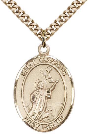 14KT GOLD FILLED ST TARCISIUS PENDANT WITH CHAIN - 1" x 3/4"
