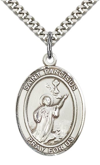 STERLING SILVER ST TARCISIUS PENDANT WITH CHAIN - 1" x 3/4"