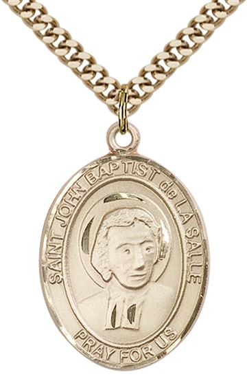14KT GOLD FILLED ST JOHN BAPTIST DE LA SALLE PENDANT WITH CHAIN - 1" x 3/4"