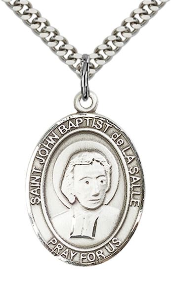 STERLING SILVER ST JOHN BAPTIST DE LA SALLE PENDANT WITH CHAIN - 1" x 3/4"