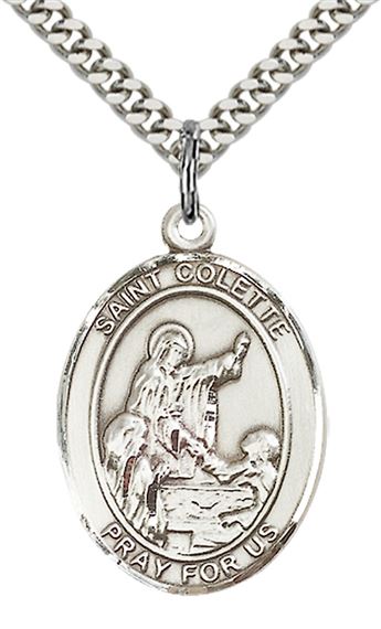 STERLING SILVER ST COLETTE PENDANT WITH CHAIN - 1" x 3/4"