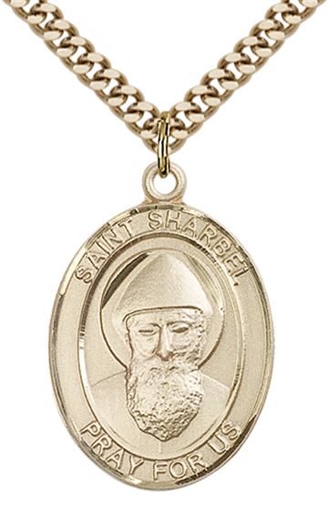 14KT GOLD FILLED ST SHARBEL PENDANT WITH CHAIN - 1" x 3/4"