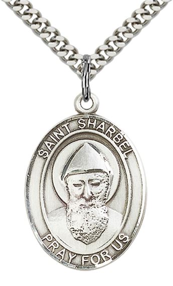 STERLING SILVER ST SHARBEL PENDANT WITH CHAIN - 1" x 3/4"