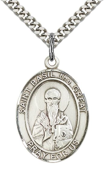 STERLING SILVER ST BASIL THE GREAT PENDANT WITH CHAIN - 1" x 3/4"