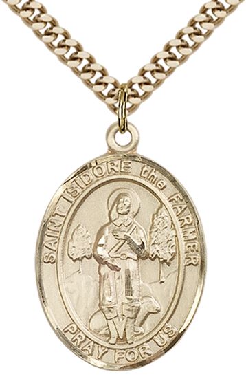 14KT GOLD FILLED ST ISIDORE THE FARMER PENDANT WITH CHAIN - 1" x 3/4"