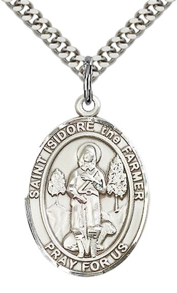 STERLING SILVER ST ISIDORE THE FARMER PENDANT WITH CHAIN - 1" x 3/4"