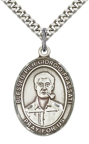STERLING SILVER BLESSED PIER GIORGIO FRASSATI PENDANT WITH CHAIN - 1" x 3/4"