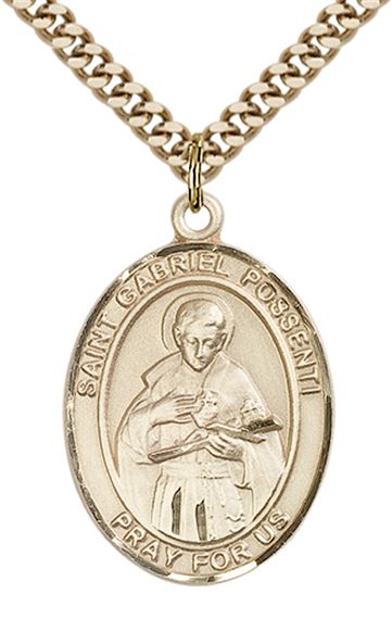 14KT GOLD FILLED ST GABRIEL POSSENTI PENDANT WITH CHAIN - 1" x 3/4"