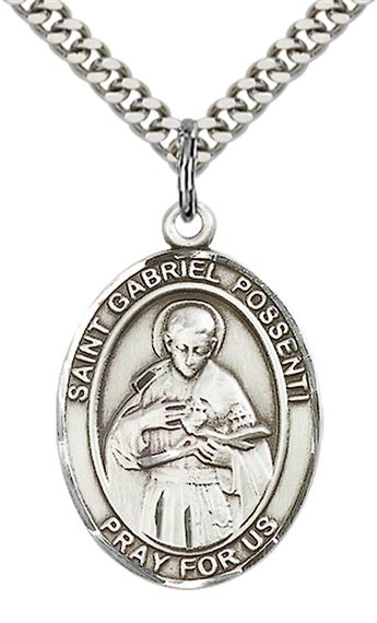 STERLING SILVER ST GABRIEL POSSENTI PENDANT WITH CHAIN - 1" x 3/4"