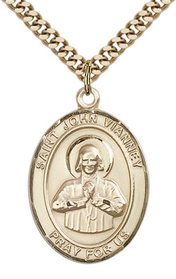14KT GOLD FILLED ST JOHN VIANNEY PENDANT WITH CHAIN - 1" x 3/4"