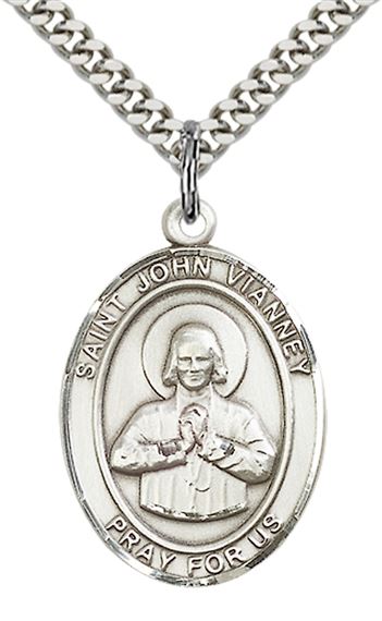 STERLING SILVER ST JOHN VIANNEY PENDANT WITH CHAIN - 1" x 3/4"