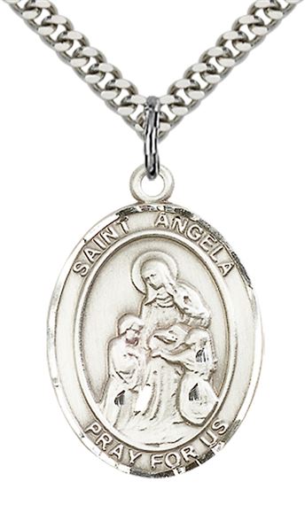 STERLING SILVER ST ANGELA MERICI PENDANT WITH CHAIN - 1" x 3/4"