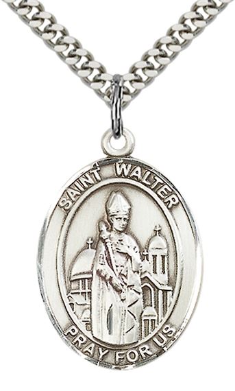 STERLING SILVER ST WALTER OF PONTNOISE PENDANT WITH CHAIN - 1" x 3/4"