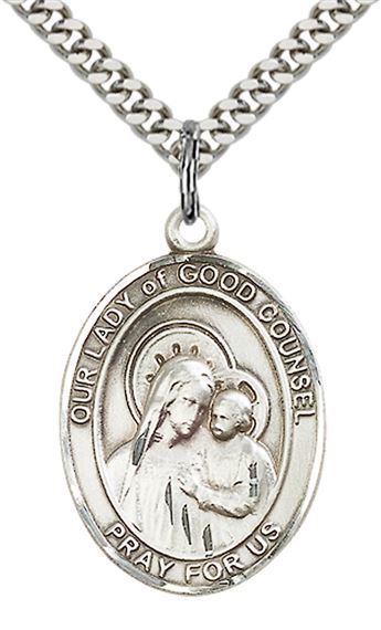 STERLING SILVER OUR LADY OF GOOD COUNSEL PENDANT WITH CHAIN - 1" x 3/4"