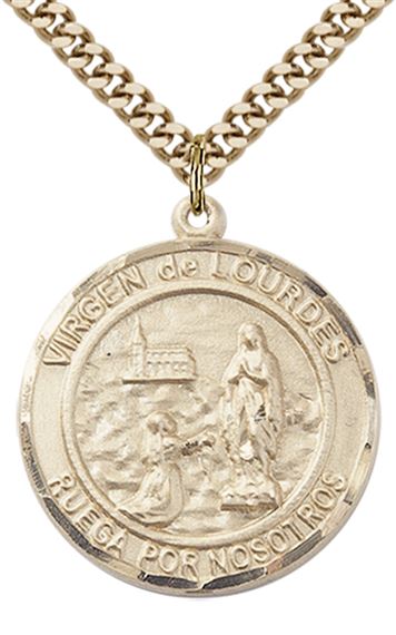 GOLD FILLED VIRGEN DE LOURDES PENDANT ON A CHAIN - 1" x 7/8"