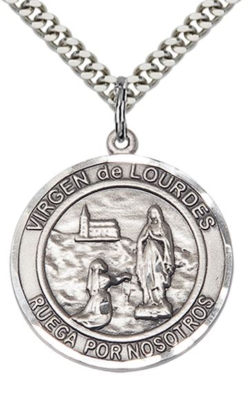 STERLING SILVER VIRGEN DE LOURDES PENDANT WITH CHAIN - 1" x 7/8"