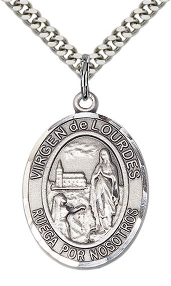 STERLING SILVER VIRGEN DEL LOURDES PENDANT WITH CHAIN - 1" x 3/4"