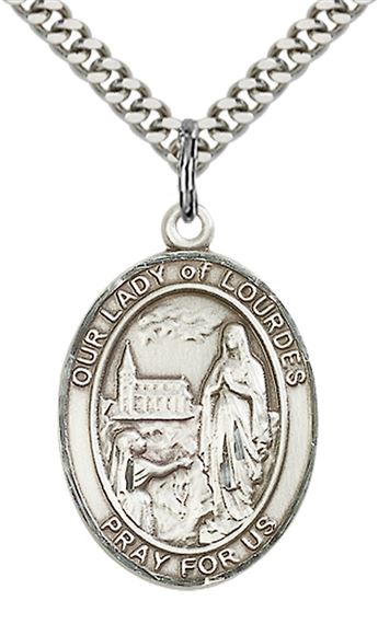 STERLING SILVER OUR LADY OF LOURDES PENDANT WITH CHAIN - 1" x 3/4"